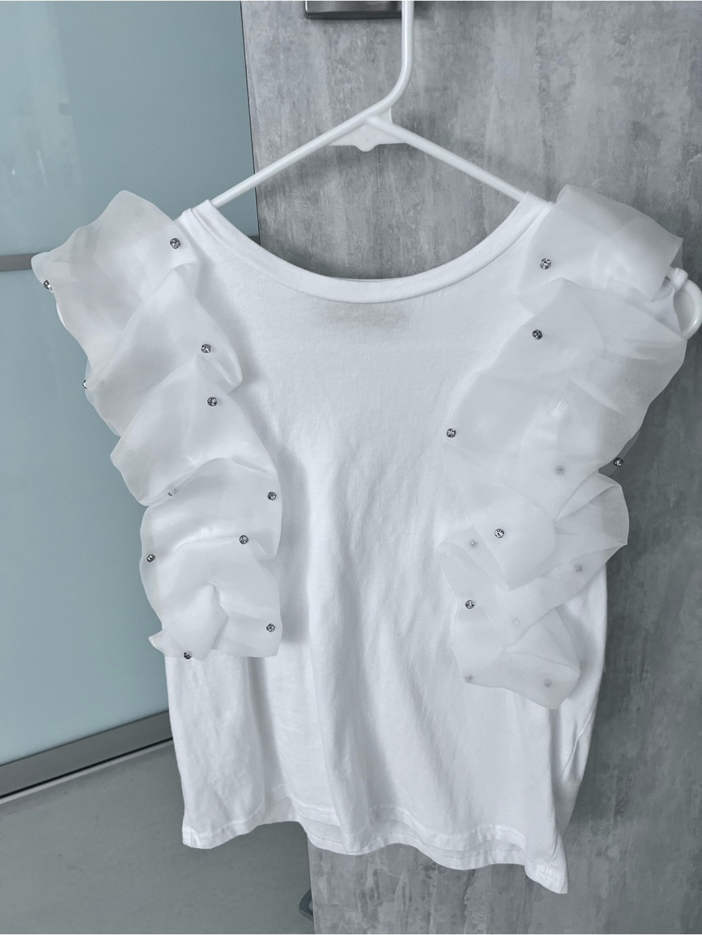 On Twelfth Women's White Ruffle Sleeve Top with Embellishments